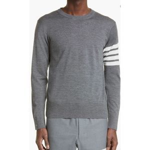 THOM BROWNE MEDIUM GREY FINE MERINO WOOL 4-BAR CREW NECK PULLOVER